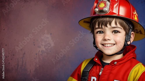 Smiling boy in a fireman's helmet and jacket against a textured wall background, with copy space. Concept: Courage, professions, role-playing.