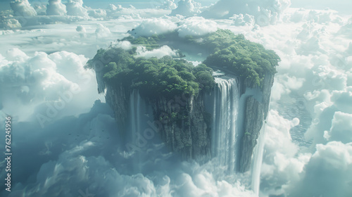 A majestic floating island with lush green vegetation and cascading waterfalls surrounded by fluffy white clouds in a serene sky.