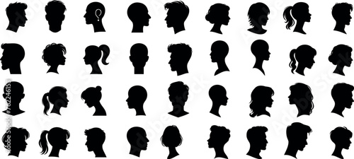 head Silhouette, diverse hairstyles, head profiles, vector illustration, white background, beauty, fashion concepts. Ideal for identity, male, female photo