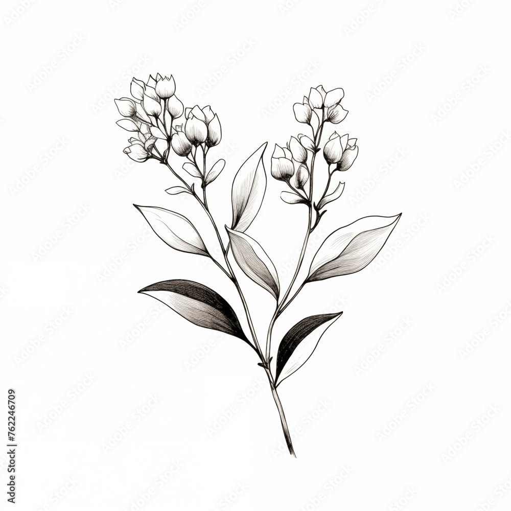 Vintage botanical graphical illustration of minimalistic isolated wildflowers, ink  style. Black  flowers on white background.