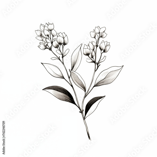 Vintage botanical graphical illustration of minimalistic isolated wildflowers, ink style. Black flowers on white background.