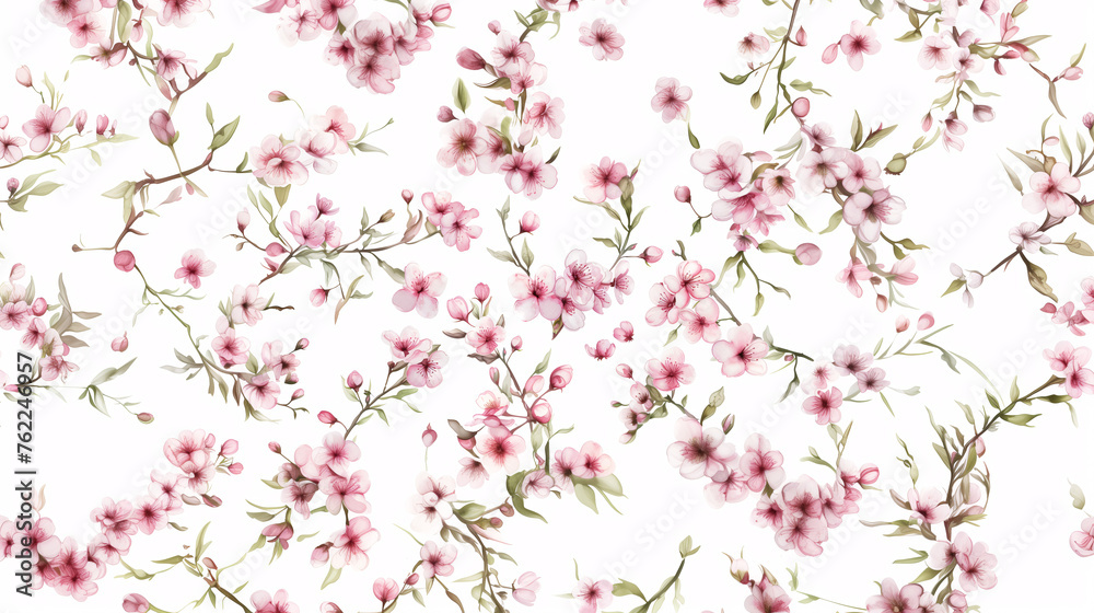 Seamless pattern of pink cherry blossoms and green leaves on a white background