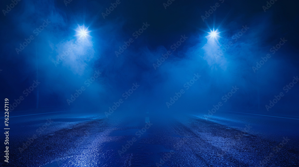 Fototapeta premium A dark empty street, blue background, dark scene, neon light, spotlights. The asphalt floor and studio room