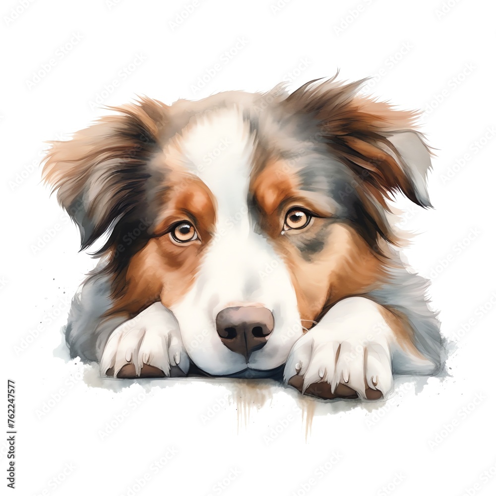 cute watercolor Australian Sheperd dog breed illustration