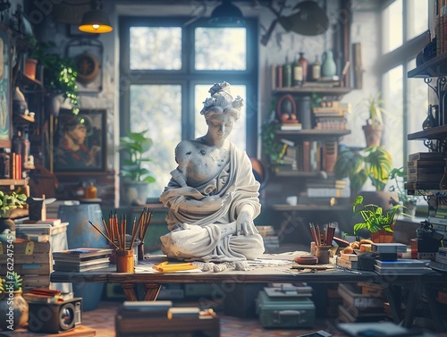 Inside a cozy art studio, an artist is meticulously sculpting a statue that symbolizes their cultural identity, blending traditional and modern elements 3D render, Rembrandt lighting photo