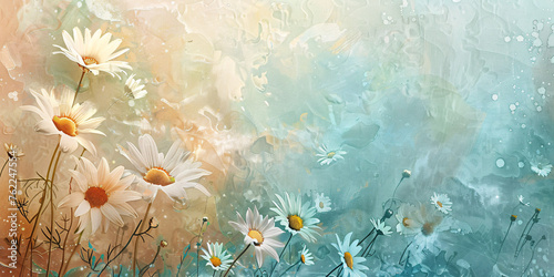 A serene artwork of white daisies blooming amidst a colorful, abstract, and textured background