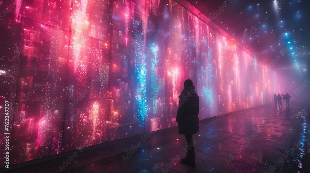 Person Standing in Front of Wall Covered in Lights