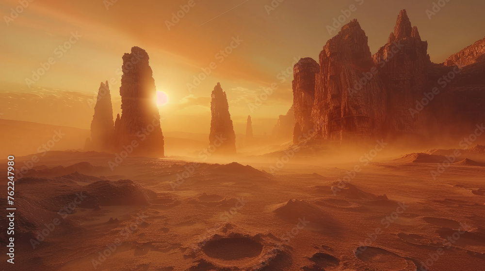 A breathtaking landscape with towering rock formations under a glowing sky at sunset. The golden light bathes the dramatic scenery, casting long shadows across the sandy terrain. - obrazy, fototapety, plakaty 