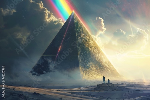 Pyramid Interstellar traveling through time and space crossing multi dimensional planets watching a rainbow light coming towards the earth created with Generative AI Technology