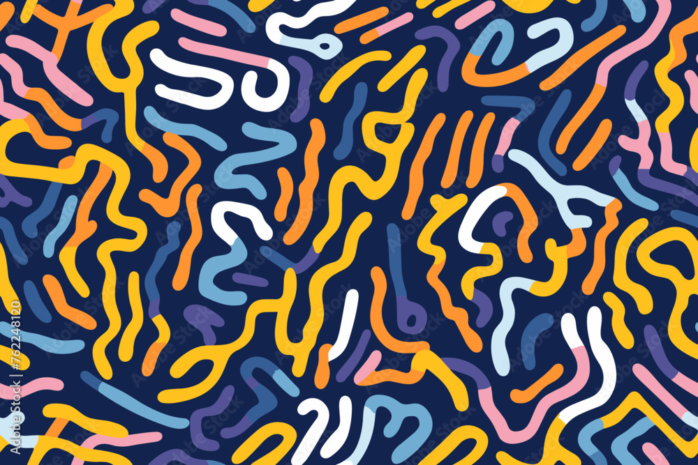 Fun colorful doodle seamless pattern. Creative art background for children or trendy design with basic shapes. Fun colorful doodle seamless pattern. Creative art background for children or trendy design with basic shapes.