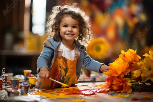 Little Girl Painting Flowers With a Brush