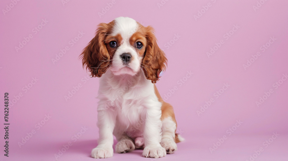 Cute Cavalier King Charles Spaniel puppy sits against a pink background.