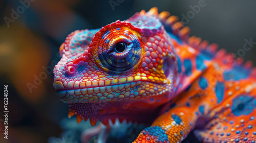 Close-up of a colorful chameleon with intricate patterns on its skin  showcasing its detailed eye and textured scales in vibrant hues of blue  orange  and red.