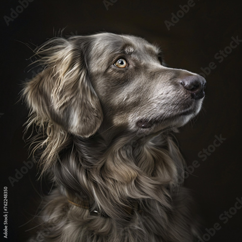 Expressive-eyed dog with flowing fur in a detailed portrait, highlighted against a dark background photo