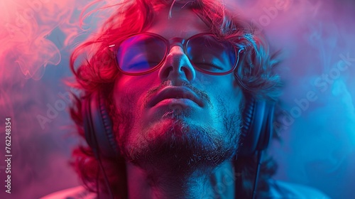 A surreal artwork of a teenager transported into a musical world through headphones with a dropped jaw and a dreamy pastel aqua background HD