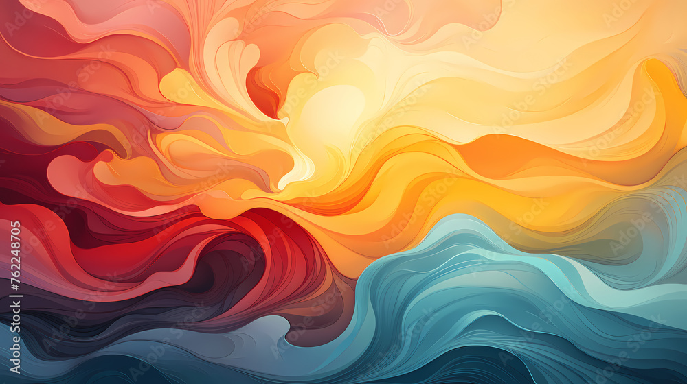 Abstract background with swirling colors and shapes; Flowing waves in orange, blue, red, and yellow