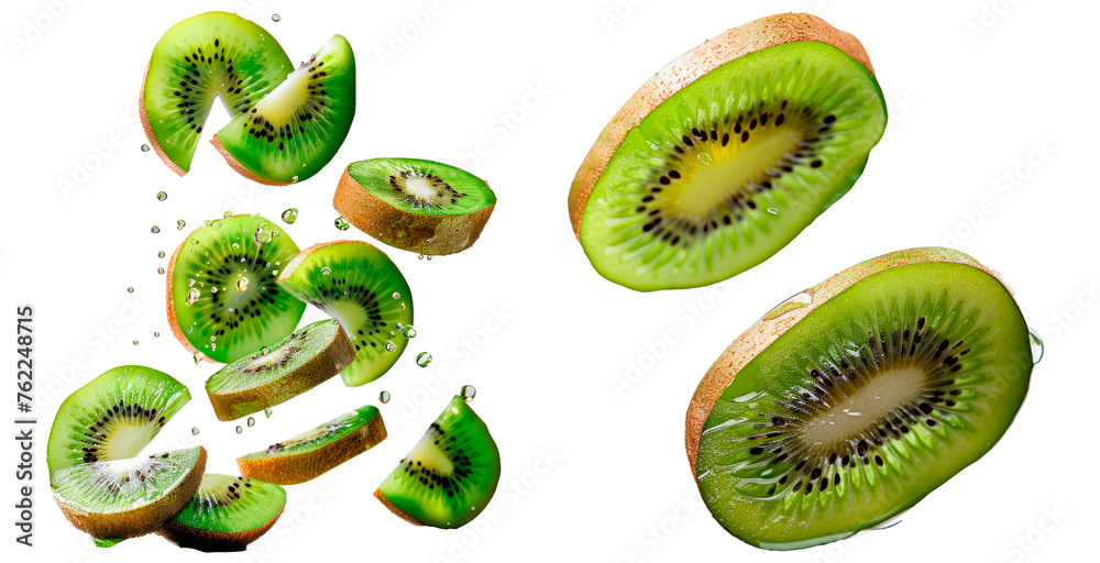 Fototapeta premium Set of sliced kiwi, sliced and suspended in the air with spaces between the slices, isolated on transparent background
