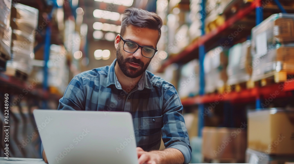 Small business. Owner working on laptop computers in warehouse. Small business. Owner working on laptop computers in warehouse.