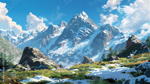 A mountain scene with snow-capped peaks and clear blue skies