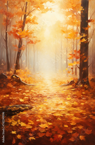 Sunrise in autumn forest wallpaper © Elman