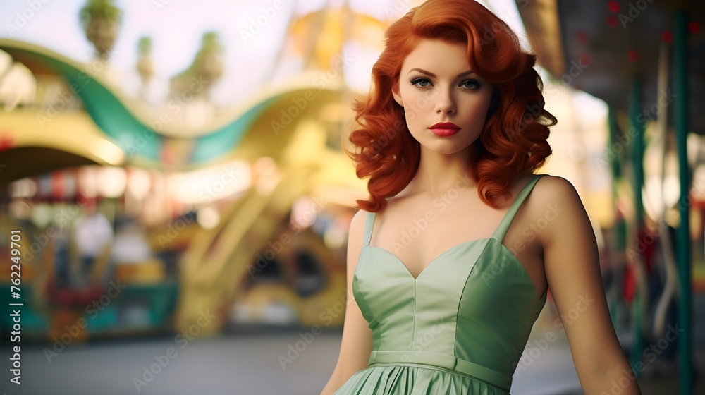 red haired woman posing in an amusement park