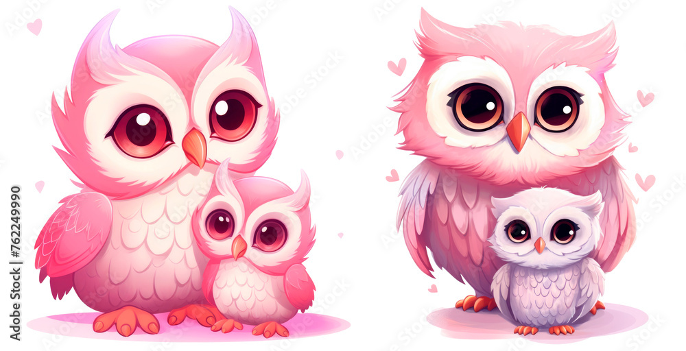 Set of watercolor cute pink mother and baby owl, isolated on transparent background Set of watercolor cute pink mother and baby owl, isolated on transparent background