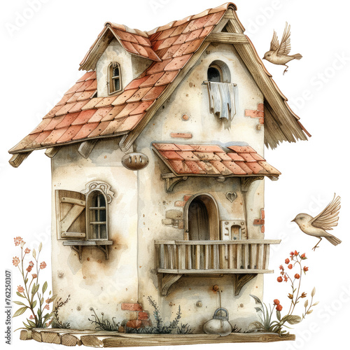 Watercolor vintage cozy beige birdhouse with cute red clay tiles, isolated on transparent background © juliiapanukoffa