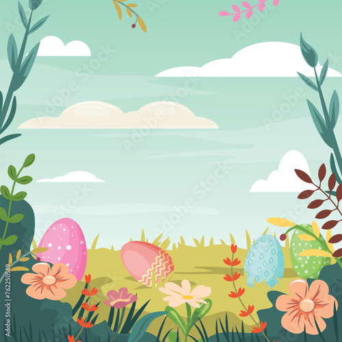 Sunny square composition for happy Easter eggs hunting. Landscape with Easter eggs on the lawn. Template for cards  posters  advertisements