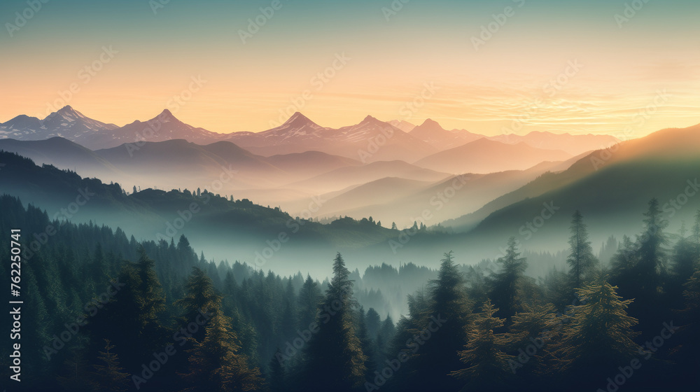 Nature's Canvas Painted with Morning Mist, Enveloping Mountains and Forests in a Soft Haze, Perfect for Inspirational Posters and Calming Backgrounds, Inviting Viewers to Embrace the Serenity of Dawn