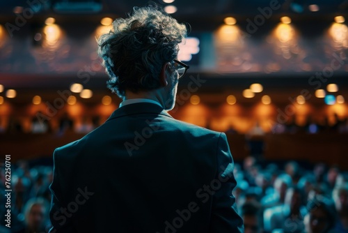 Confident speaker standing in front of an attentive audience in a grand auditorium.