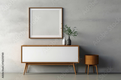 Minimalistic cabinet and dresser with mock-up poster frame on concrete wall. © HASHMAT