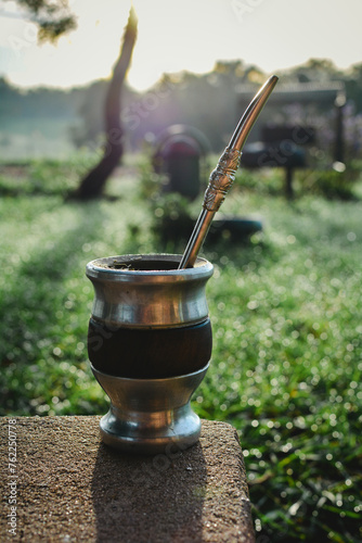 mate argentino. bebiendo mate al amanecer en el campo. aire puro. photo