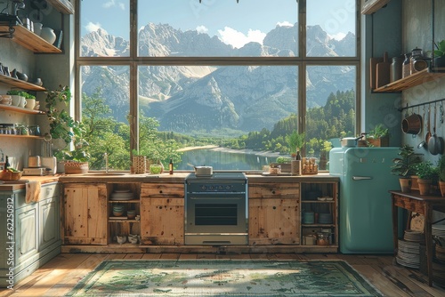 Kitchen interior in vintage style with panoramic windows overlooking a beautiful mountain landscape