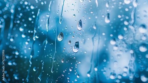 Blue background raindrops on a rain glass