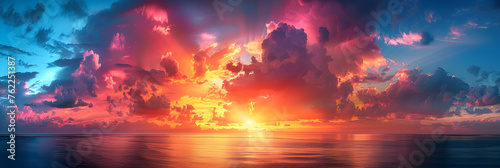 Fantasy vibrant panoramic sunset sky Gradient,
A sunset over water with clouds
 #762251387