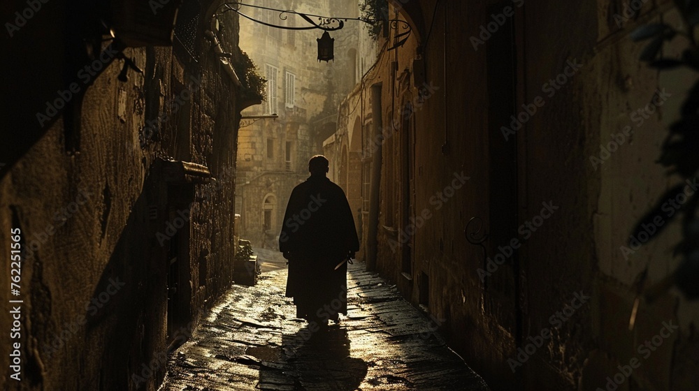 Through the narrow alleyway, the camera follows a silhouette drenched in shadows As the figure steps into a column of light, details emerge - a mischievous grin, a glinting sword at the hip The play o