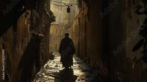 Through the narrow alleyway, the camera follows a silhouette drenched in shadows As the figure steps into a column of light, details emerge - a mischievous grin, a glinting sword at the hip The play o