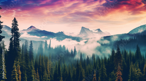 Mountainous Forest Landscape Bathed in Evening Light, Cast in Shades of Lilac with Low-Hanging Clouds, Perfect for Surreal Artwork and Dreamy Landscapes, Invoking a Sense of Tranquility and Enchantmen photo