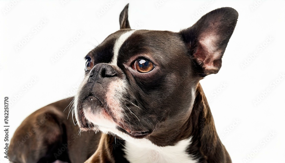 Boston Terrier dog - Canis lupus familiaris - a small breed of domestic animal recognized by a tuxedo jacket, compact body, and big, round eyes isolated on white background looking away from camera