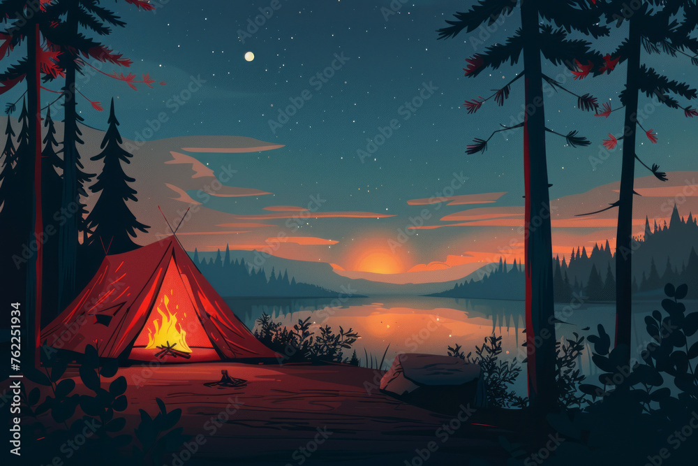 Graphic illustration of a camping tent with campfire - obrazy, fototapety, plakaty 