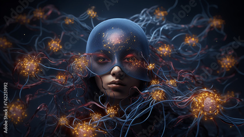 image of human and artificial intelligence technologies  neural connections on a black background  the development of new technologies  abstract futuristic fictional graphics