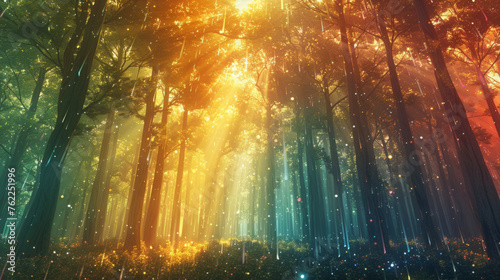 Enchanted forest scene with sunbeams filtering through tall trees, casting a warm glow on the mist and flora below.