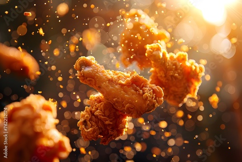 Floating fried chicken represents deliciousness and makes you want to eat. photo