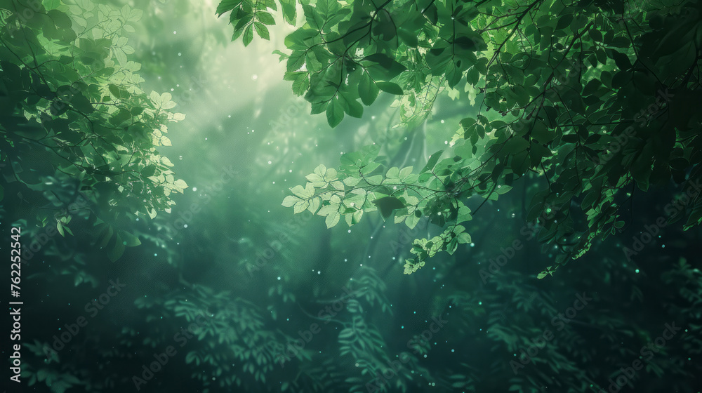 Mystical forest canopy with emerald green foliage