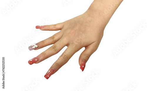 Female hand with nail extensions isolated on white background
