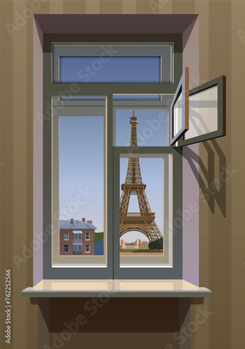 Window overlooking the Eiffel Tower. Vector.