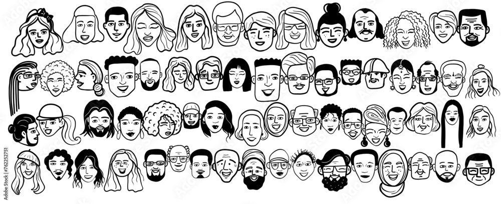 Characters smiling people different age and ethnicity. Young and old, woman, man, diversity. Vector outline illustration, linear, thin line, hand drawn sketch, doodle 