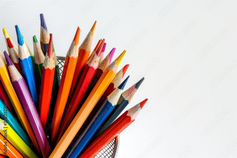 Fototapeta premium Background with group of colored pencils of various colors in a penholder on a white. Top view. Horizontal panoramic composition.