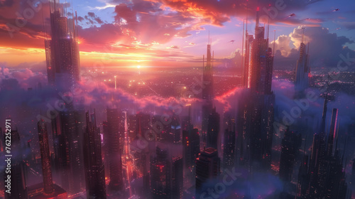 A futuristic cityscape at sunset with towering skyscrapers piercing through a dense layer of clouds  bathed in the radiant glow of a warm sky transitioning from pink to deep blue.