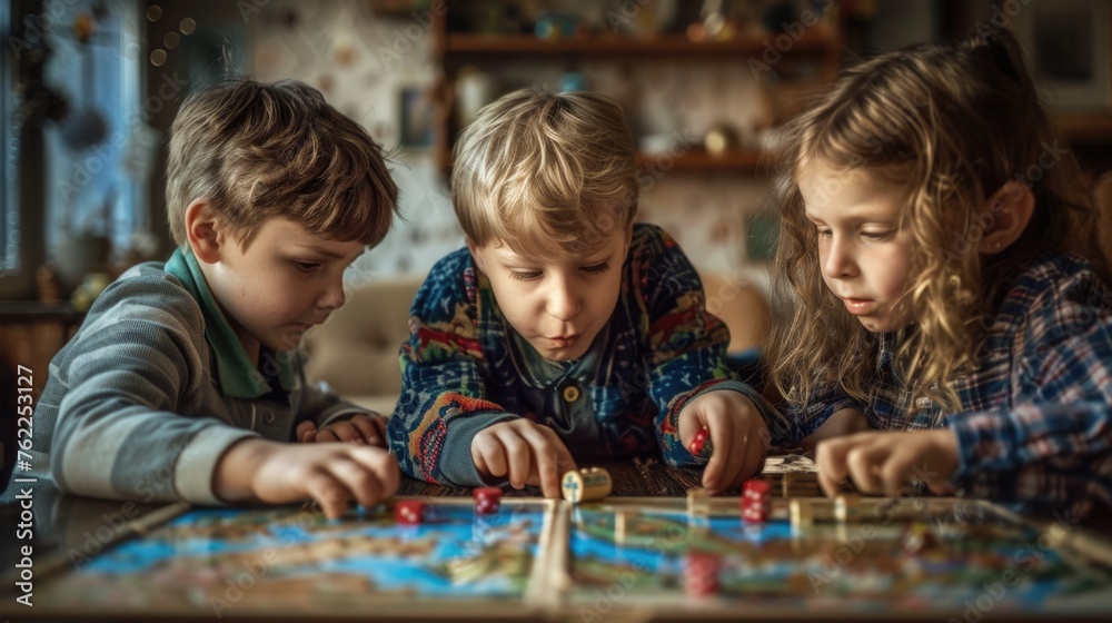 Fototapeta premium Children playing board game. Close-up of kids having fun indoors.
